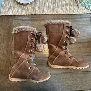 Sporto Paula Suede‎ Boots Fur Trim Pom Pom Lace Up  Brown Sz 6.5 *flaw see pics